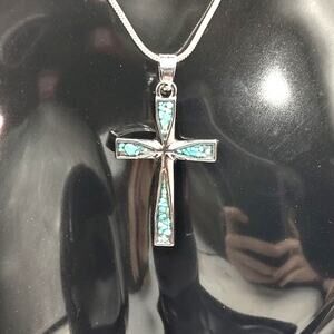 925 Silver Necklace w/ Turquoise Cross Christian Native Pendant Valentines NEW
